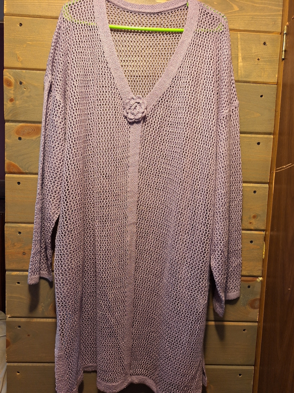 Lilac Open-Knit Long Cardigan Sweater with Flower Accent